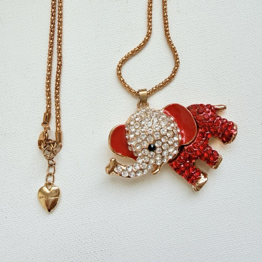 Betsey Johnson Y2K Elephant Rhinestone Enamel Gold Plated Pendant Necklace